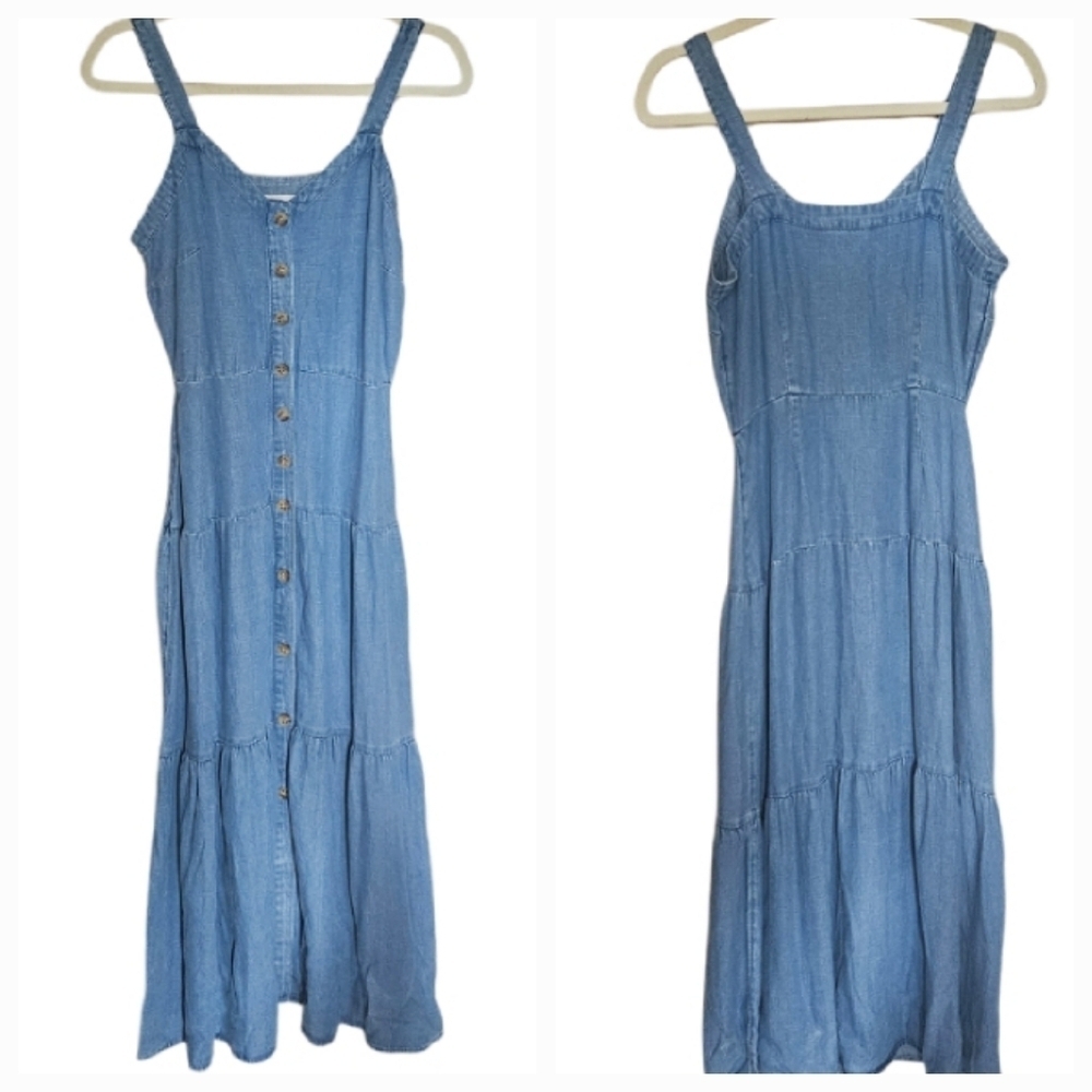 NEW! LOFT Strappy Chambray Button Tiered Midi Dress 0. - Picture 5 of 8